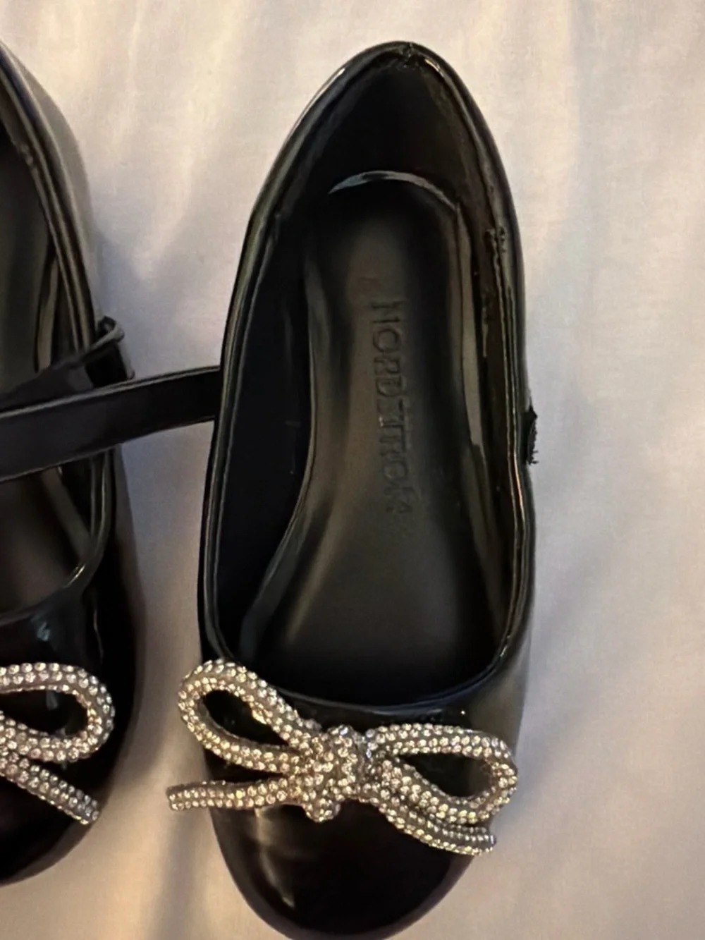 Nordstrom Black Patent Mary Janes with Crystal Bow Accents